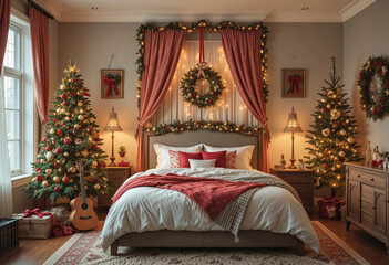 Cozy Christmas bedroom interior with decorated fir trees and guitar. Front view. 3d rendering.