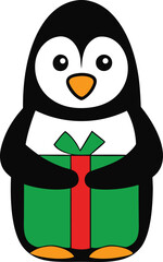 Cute Cartoon Penguin Holding Festive Green Gift Box Vector Illustration