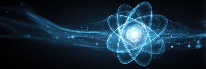 Abstract Representation of an Atom With Glowing Particles and Energy Waves in Dark Background