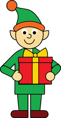 Smiling Christmas Elf Holding Festive Red Gift Box, Simple Cartoon Vector Art