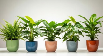 Fototapeta premium Vibrant collection of five diverse potted plants in colorful pots for home decor