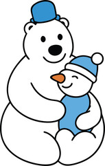 Smiling Polar Bear Hugs Little Snowman in Blue Hats, Sweet Winter Friends Vector Art