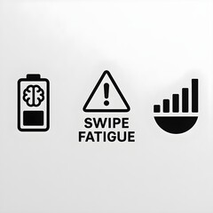 A minimalistic set of vector warning icons addressing phone addiction: a battery outline with a stylized brain inside to signal cognitive depletion, an exclamation-style &ldquo;Swipe Fatigue&rdquo; alert badge