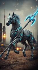 Futuristic metallic equine with glowing blue accents, showcasing a technological fusion. The cybernetic horse, holding a luminous spear, strides forward in a war-torn, blurred environment.