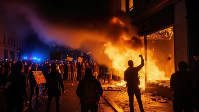 night protest scene with large crowd gathered on street as building storefront intensely burns with towering flames Debris litters the ground and some individuals raise fists