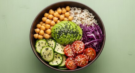 Colorful buddha bowl with fresh chickpeas, avocado, cucumber, tomatoes, red cabbage, and rice.