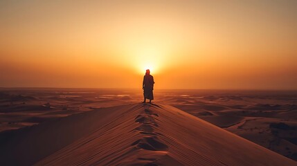 A person in traditional clothing stands on a sand dune at sunset in the desert landscape view