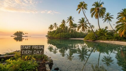 Tranquil Island Sunrise with Palm Trees and Inspirational Sign in Paradise for Daily Motivation and Fresh Start