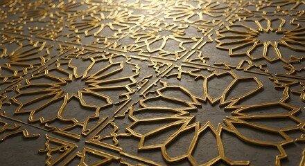 A close up of an ornate gold pattern on a dark surface with repeating floral shapes and geometric lines