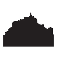 Silhouette of a medieval castle or abbey on a hill against a white background