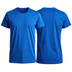 Fototapeta premium Front and back view of a vibrant blue crew neck t-shirt, isolated on black