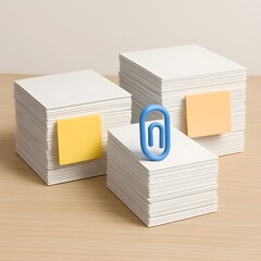 A clean and modern 3D icon set featuring neatly stacked paperwork with colorful sticky notes and assorted clips.