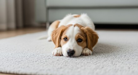 Naklejka na ściany i meble Adorable puppy resting peacefully on a soft carpet indoors with pet love and care.