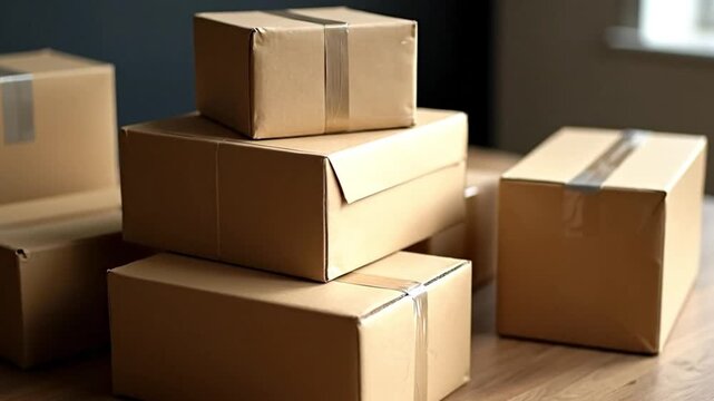 Stack of cardboard boxes on wooden floor ready for moving or shipping goods