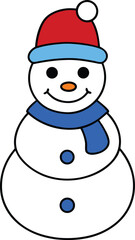 Cute Cartoon Snowman with Red Hat and Blue Scarf Vector Graphic