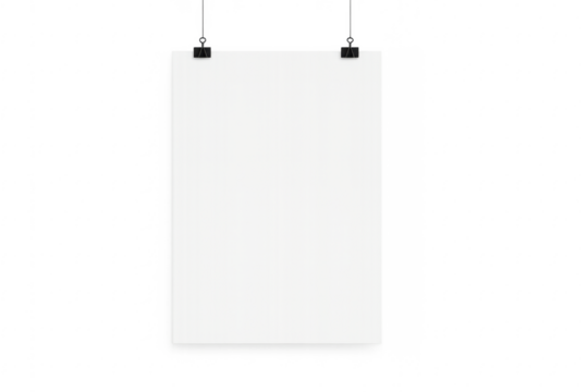 Blank white paper poster hanging on transparent background