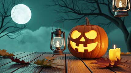 Spooky jack-o'-lantern glowing under moonlight for Halloween night