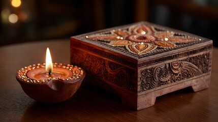 Diwali diya oil lamp and ornate wooden box for indian hindu festival of lights celebration