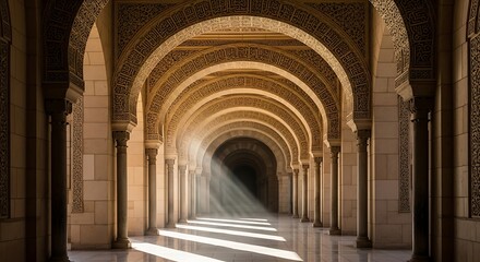 Obraz premium Interior hallway with arches and pillars decorated with islamic patterns and sunlight streaming through