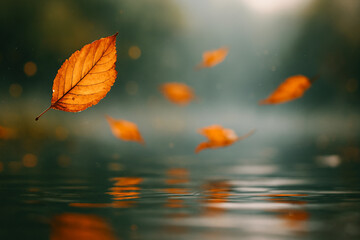 Misty autumn morning with sunlit leaves floating on serene water