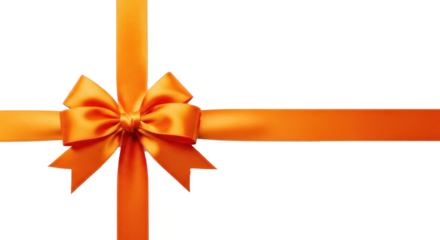 Orange Ribbon with Bow Tied. Horizontal Gift Decoration. Isolated on transparent background