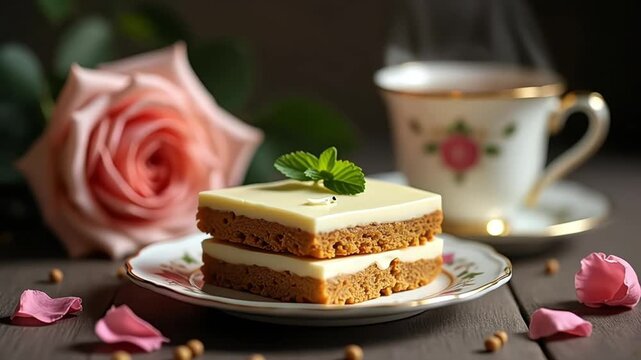 Elegant dessert presentation with layered cake rose and teacup in soft lighting
