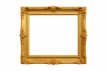 Ornate gold picture frame with intricate carvings providing elegant border on transparent background