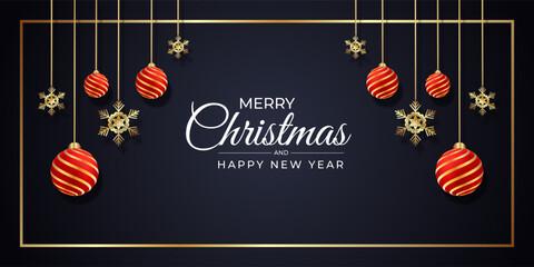 Modern christmas banner with red balls golden shonoflacke and golden frame