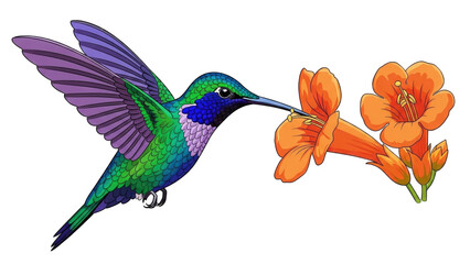 Fototapeta premium hummingbird with iridescent feathers, delicately feeding on nectar from bright orange trumpet flowers.