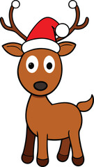 Cute Cartoon Reindeer Wearing Santa Hat, Christmas Holiday Vector Illustration