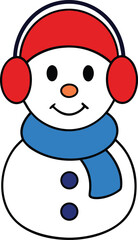 Friendly Cartoon Snowman with Red Earmuffs and Blue Scarf, Simple Vector Illustration