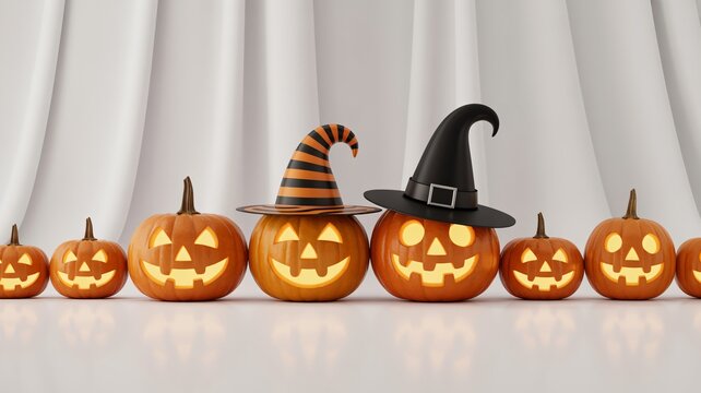 Spooky Halloween pumpkins glowing with classic witch hats on display