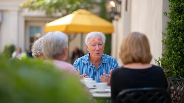 Older man and senior woman group enjoying coffee and friendship at outdoor cafe, relaxed conversation at table surrounded by greenery, yellow umbrella, and warm sunlight, cheerful atmosphere