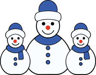 Happy Snowman Family Group with Blue Hats and Scarves Vector Illustration