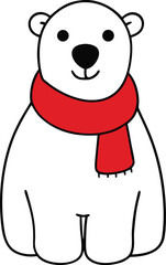 Cute Cartoon Polar Bear with Red Scarf, Simple Hand Drawn Winter Illustration