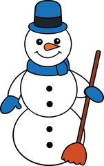 Simple Happy Snowman with Blue Hat, Scarf, and Mittens Holding a Broom Vector Illustration