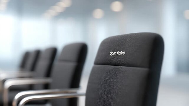 Empty office chair open roles modern workspace recruitment job vacancy professional business opportunity corporate hiring with open roles text backrest empty chairs inviting professional environment
