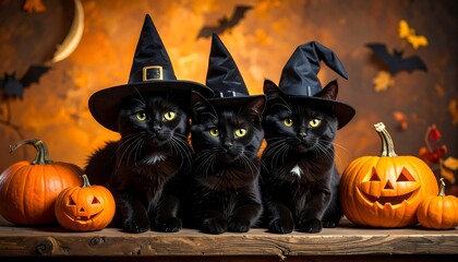 Three black cats in Halloween witch hats, pumpkins, bats