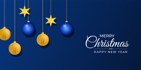 Christmas banner with Christmas balls and golden stars