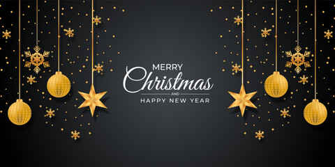 Merry christmas golden ball and golden stars with golden shonoflacke with christmas oraments