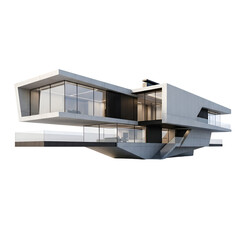 Modern Concrete House Design with Glass Windows and Staircase on Transparent Background