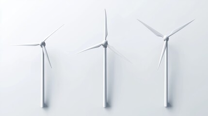 Three White Wind Turbines on a Clean Background