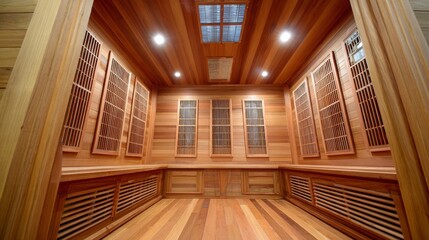 Obraz premium Close up view of an infrared sauna with wooden walls bench and ceramic heaters emphasizing a healthy lifestyle