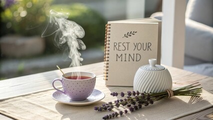 Cozy and Relaxing Setting with Cup of Tea, Lavender, and Motivational Book for Mindfulness and Relaxation Activities
