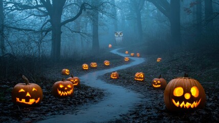 Eerie Halloween path with spooky jack-o'-lanterns in foggy forest