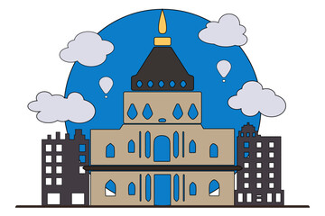 Naklejka premium Illustration of a galata tower with architectural detail, amidst clouds and a bright blue sky