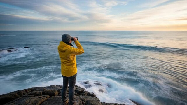 person in yellow jacket and beanie stands on dark rocks gazing through binoculars at the vast ocean with breaking waves under colorful sky at dawn or dusk