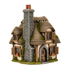 Detailed Thatched Cottage Model Showcases Stone Chimney, Windows, and Floral Accents Nicely