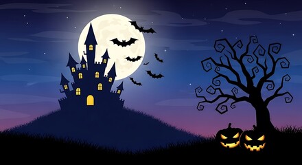 Spooky haunted castle under a full moon with bats flying and jack o lanterns glowing, perfect for Halloween
