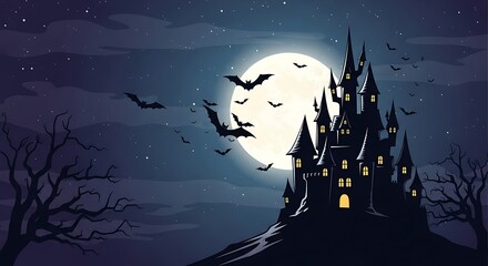 Spooky haunted castle with bats flying under a full moon on Halloween night